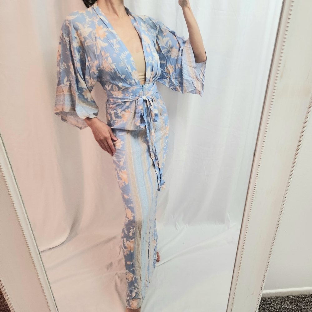 Blue Floral Maxi Dress with Kimono Sleeves Long White Feminine Energy Romantic